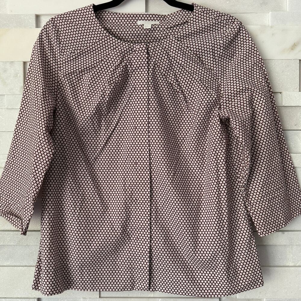 COS 100% Cotton Circles Pleated Neckline Button Front Blouse 8 Brown White